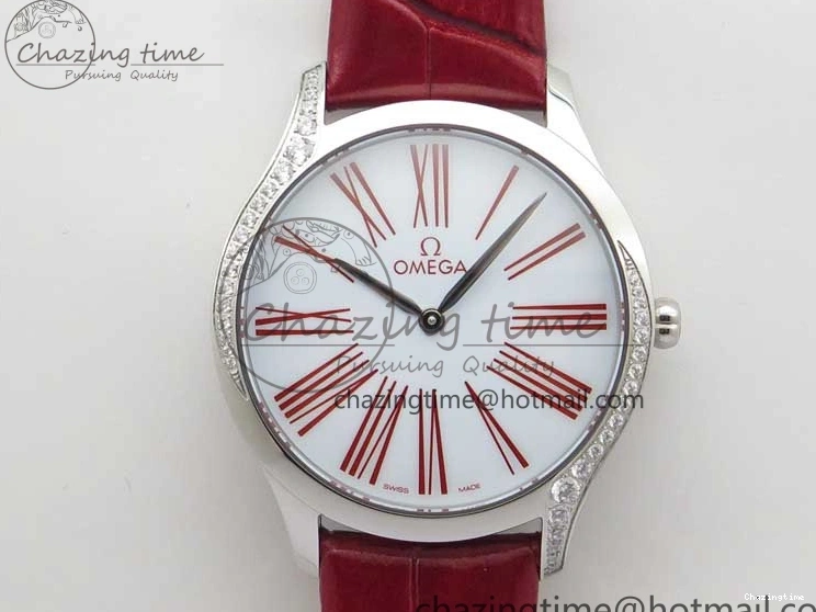 0402 Ladies’ De Ville Trésor Diamond SS 3AF 1:1 Best Edition White Dial On Red Leather Strap Swiss Quartz Snug 7885